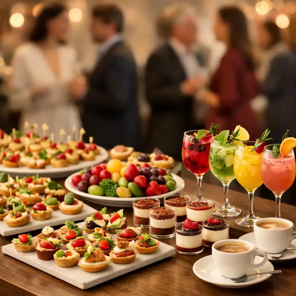 Elegancki stół bankietowy z przekąskami finger food i kolorowymi mocktailami 0.0%