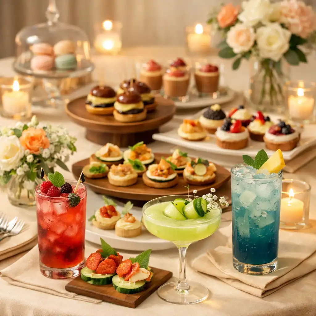 Elegancki stół cateringowy z finger food, deserami i bezalkoholowymi mocktailami w wyrafinowanej oprawie