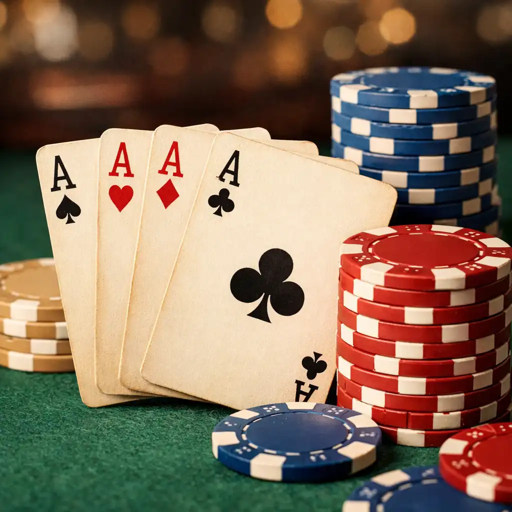 Zbliżenie na prawdziwe karty do gry i żetony na zielonym suknie stołu pokerowego