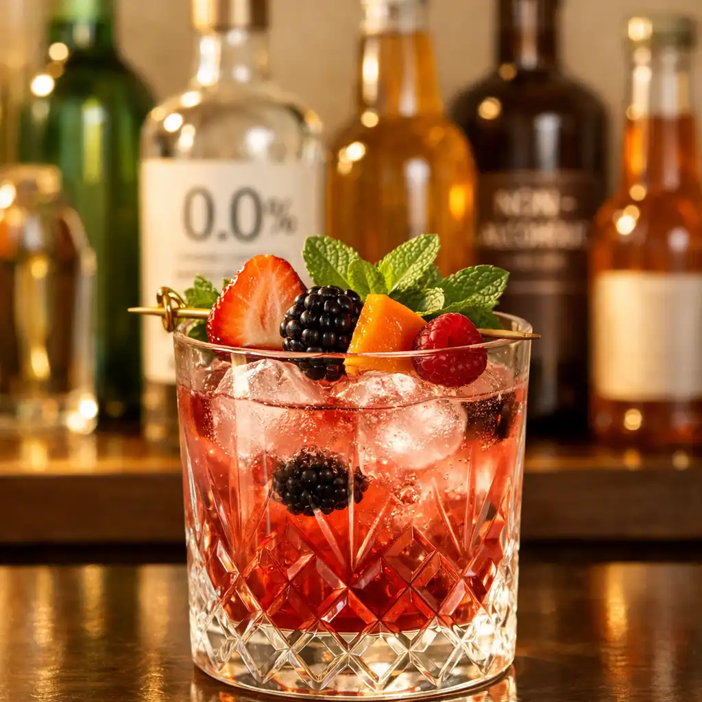 Elegancki mocktail 0.0% w kryształowej szklance z owocami i ziołami