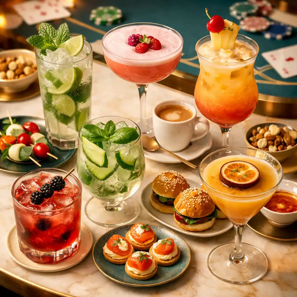 Eleganckie mocktaile 0.0% w szklankach, obok specialty coffee i przekąsek finger food na stylowym stole