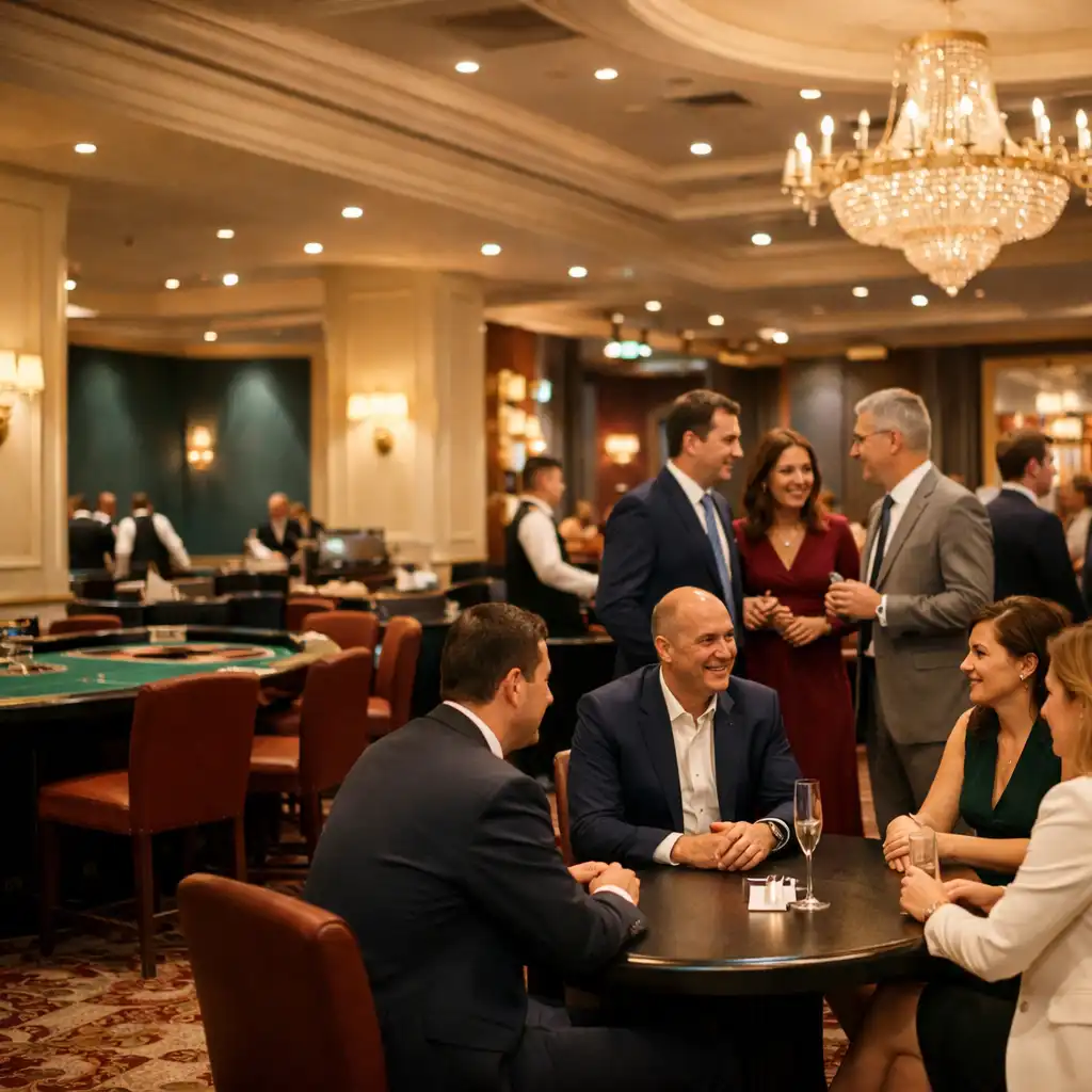 Eleganckie wnętrze prawdziwego kasyna stacjonarnego zaadaptowane na event firmowy, z grupą osób rozmawiających przy stolikach