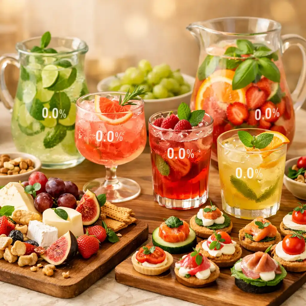 Elegancki stół z przekąskami finger food i kolorowymi mocktailami 0.0%